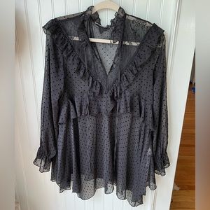 Zara black sheer polka dot top with lace detail size Large